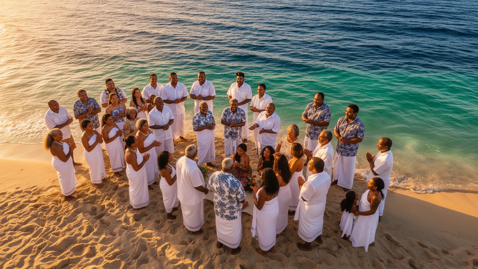 Fijian community gathering on a Victorian beach at sunset